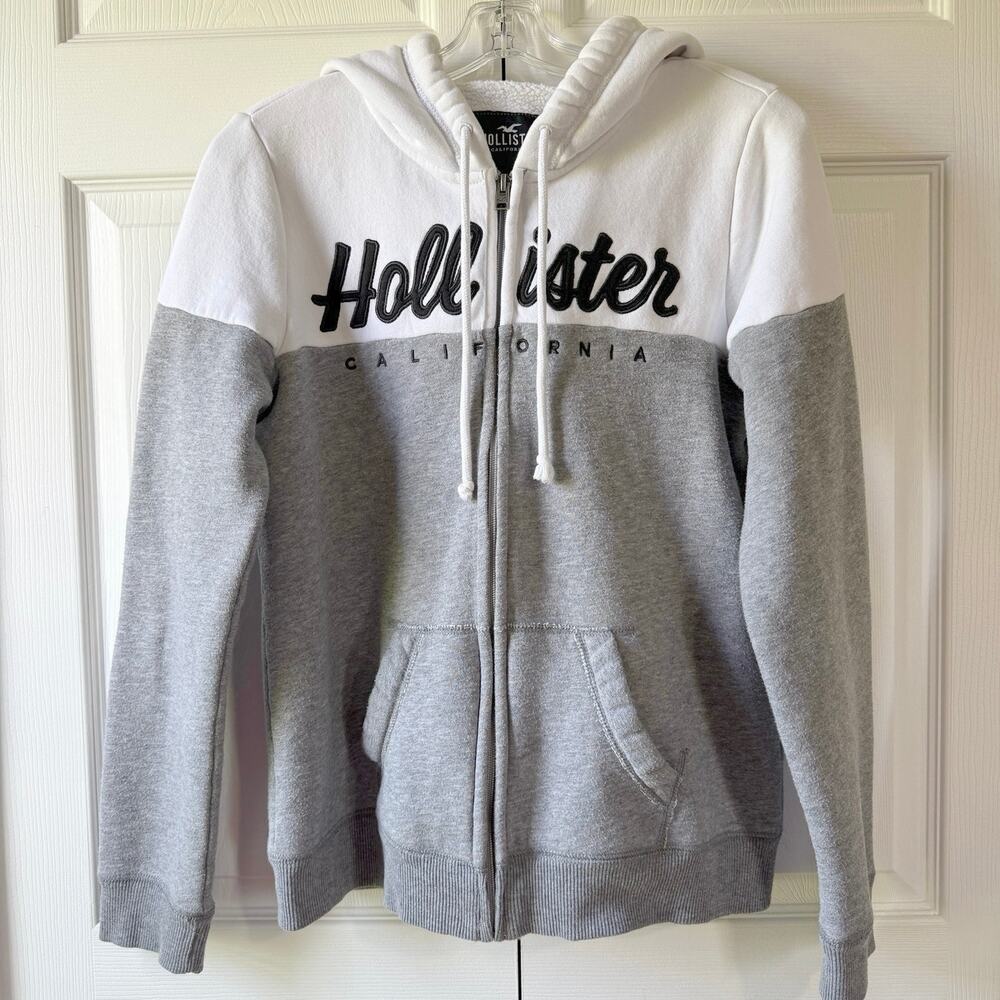 Hollister California M Sherpa Lined Full Zip Hoodie Gray White Embroidered Logo